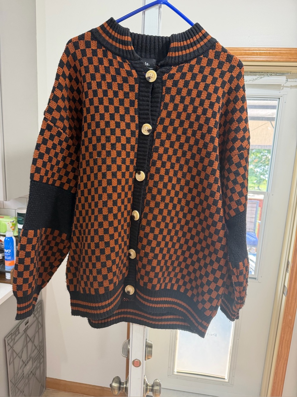 Dressed in Lala Checkerboard Knit Button-Up Sweater Cardigan - Black & Brown